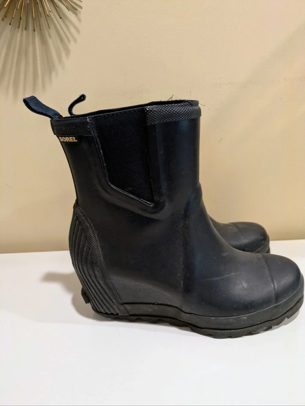 Sorel Boots Joan Rain Wedge Chelsea Ankle Bootie Navy Rubber Size 8